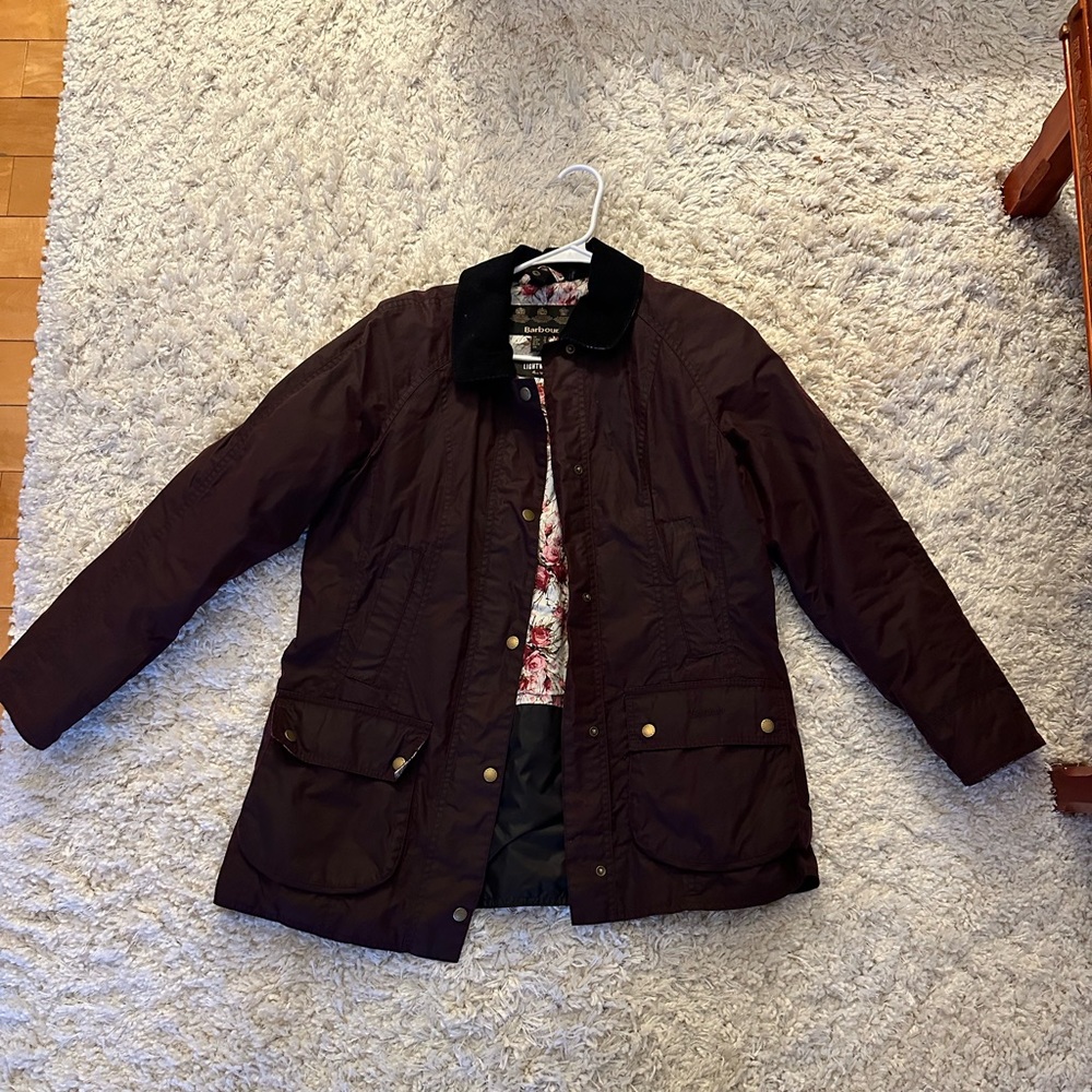 Good condition, size 8, dark wine color Barbour jacket
